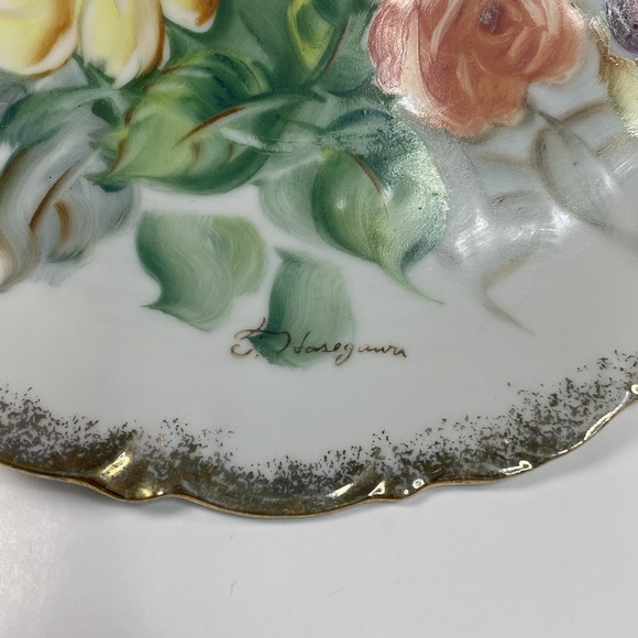 Vintage Hand painted Ceramic Multicolor Flower Wall Plates Gold Rim Set Of 2 - Picture 6 of 9